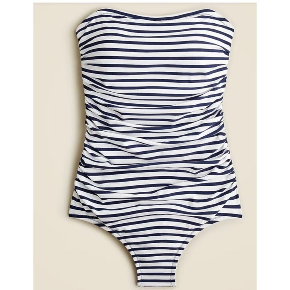 NWOT J.Crew Ruched Bandeau One-Piece Navy Striped Swimsuit Size 8 - Picture 1 of 6